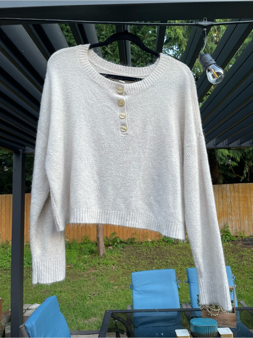 American Eagle Outfitters Cream Button-Henley Crew Sweater